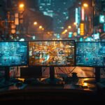 Security camera footage on multiple screens, monitoring potential threats, cybersecurity surveillance